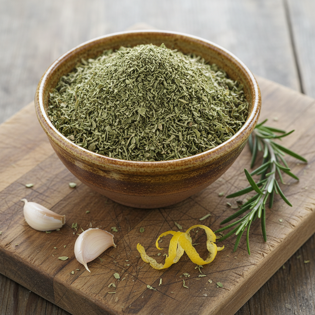 A rustic ceramic bowl brimming with a homemade salt-free Italian herb seasoning mix, the earthy tones of dried basil, oregano, thyme, and rosemary distinct among the blend. The bowl sits atop an artisan cutting board made of reclaimed wood, with scattered pieces of garlic, a sprig of rosemary, and lemon zest elegantly surrounding it. Diffused overcast light from above brings out the subtle textures and vibrant greens, with gentle shadows around the bowl. Captured from a slightly elevated angle using the rule of thirds, the scene highlights the organic textures and healthy, natural qualities of the ingredients, fostering a grounded and wholesome mood, with a rustic, clean style.