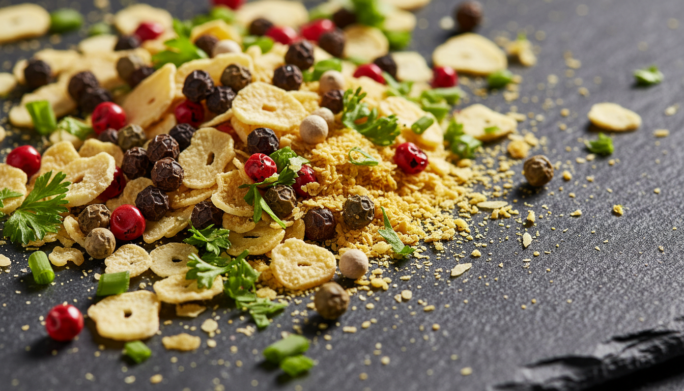 A close-up of a mixture of whole, colorful peppercorns, dried garlic flakes, and fresh chopped green herbs scattered across a deep slate-grey stone surface, with textural salt substitutes like nutritional yeast and dried lemon powder visible among the mix. Gentle directional light from the right emphasizes the textures and color contrast, casting dynamic shadows and bright highlights. Framed as a macro shot, with a shallow depth of field and dramatic close focus, the image conveys an energetic, appetizing, and detailed mood while visually underlining the importance of salt-free, heart-conscious ingredients. The aesthetics are bold yet sophisticated, perfect for an educational blog post.