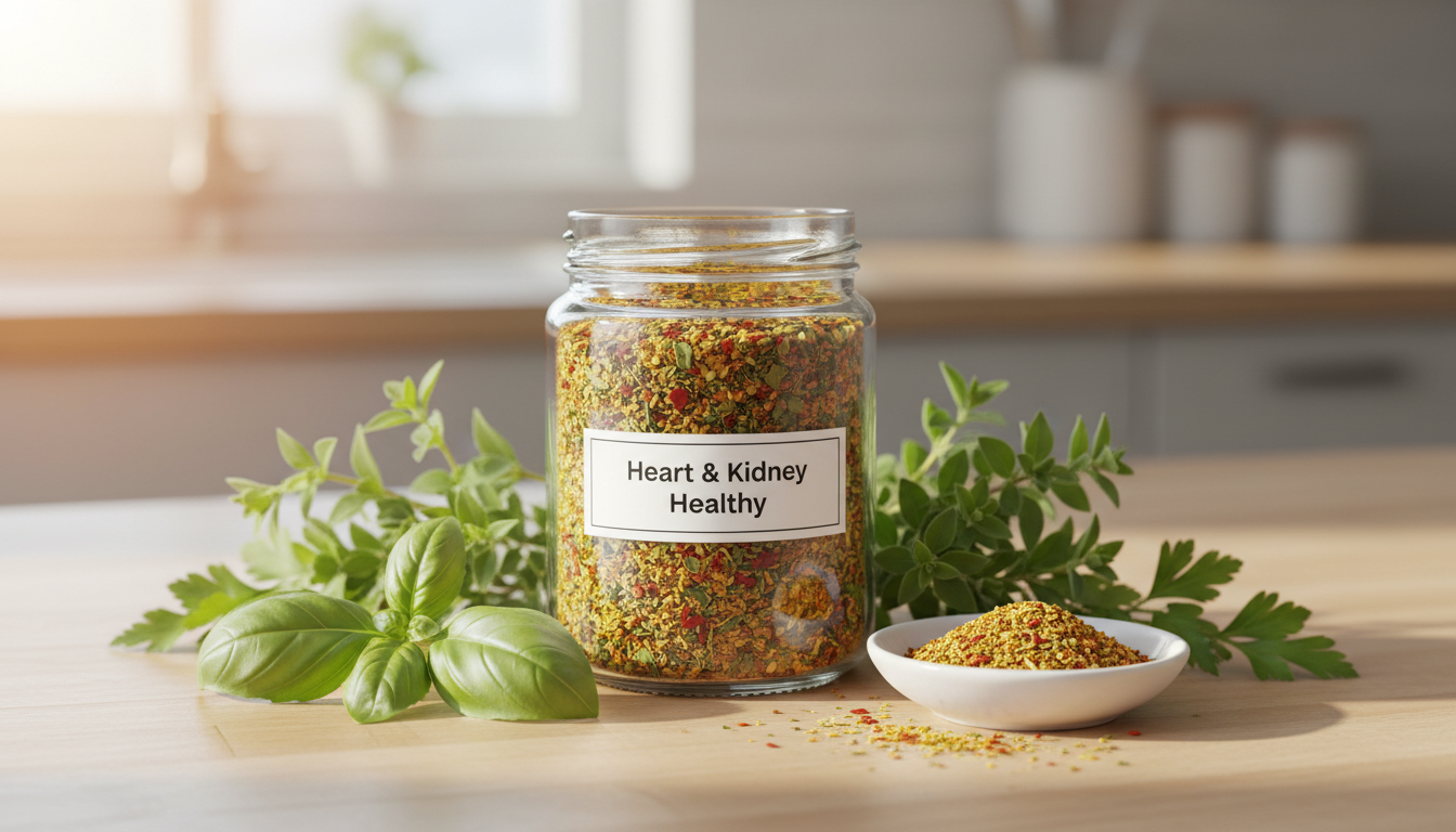 A glass jar filled with a colorful, salt-free seasoning blend featuring visible flecks of crushed red pepper, vibrant green herbs, and yellow turmeric powder, with the jar subtly labeled as 'Heart & Kidney Healthy.' The jar is positioned on a clean, light wood kitchen surface, surrounded by fresh aromatic herbs like basil, oregano, and parsley, and a small white dish with a pinch of the blend spilled beside it. Soft morning sunlight streams in from the left, highlighting the textures and individual colors of the seasoning. The composition is centered and eye-level, with a shallow depth of field that softly blurs the background, evoking a fresh, clean, inviting mood in a modern, minimalist photographic style.