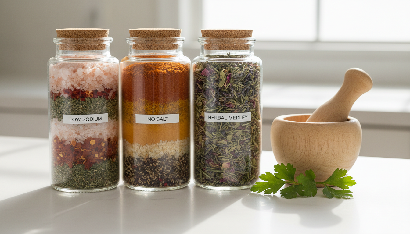 An organized trio of seasoning jars, neatly labeled as 'Low Sodium', 'No Salt', and 'Herbal Medley,' each jar containing visually distinct, heart- and kidney-friendly blends with colorful seasoning layers. The jars are arranged on a matte white kitchen countertop, beside a small wooden mortar and pestle and leafy sprigs of fresh parsley. Soft afternoon natural light bathes the scene, creating soft highlights and crisp details. Shot with an asymmetric, slightly elevated composition for a modern, informative blog header feel, the overall style is clean, vibrant, and health-focused, supporting the site's mission to educate on healthy choices.